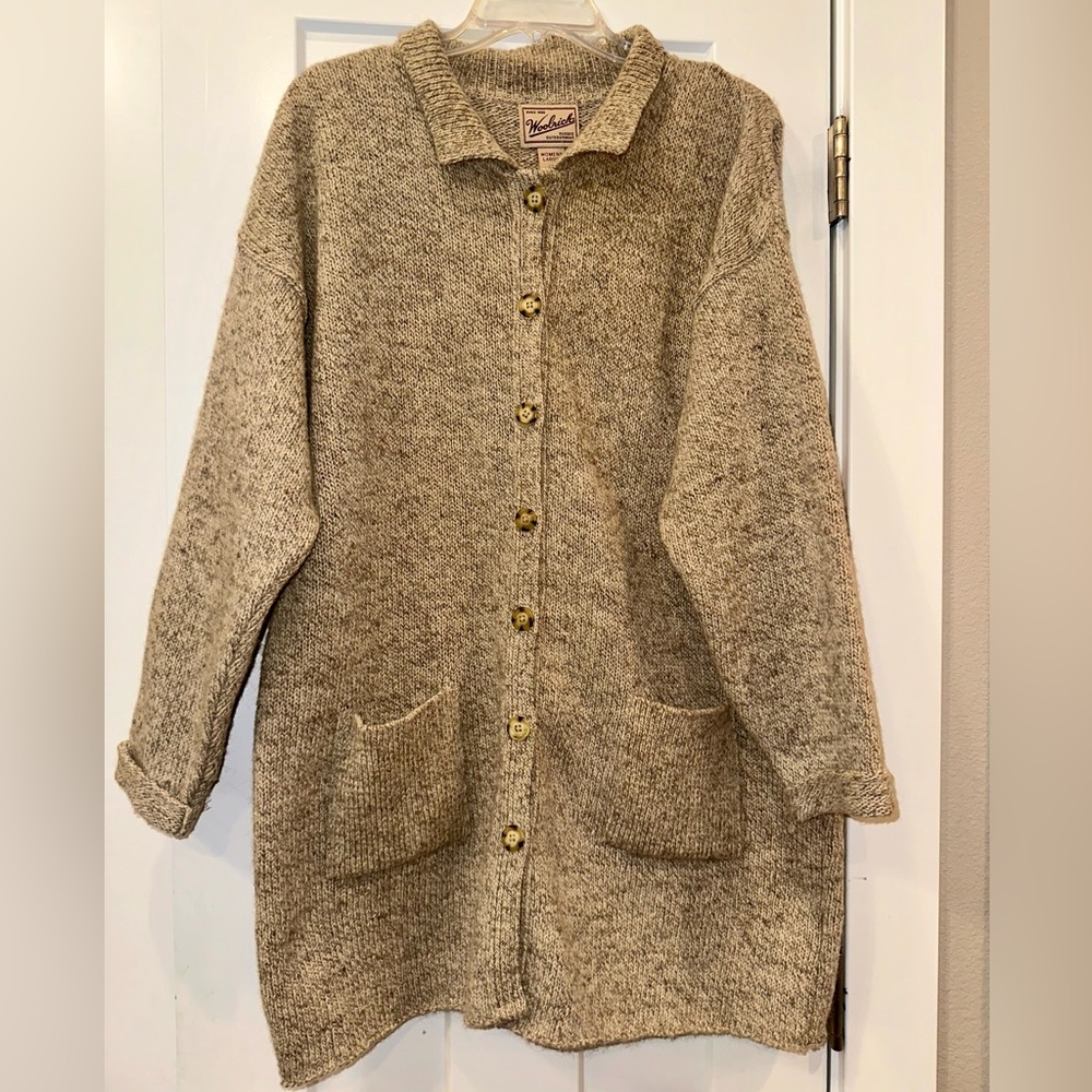 Vtg Woolrich button down collared long tan wool cardigan Large